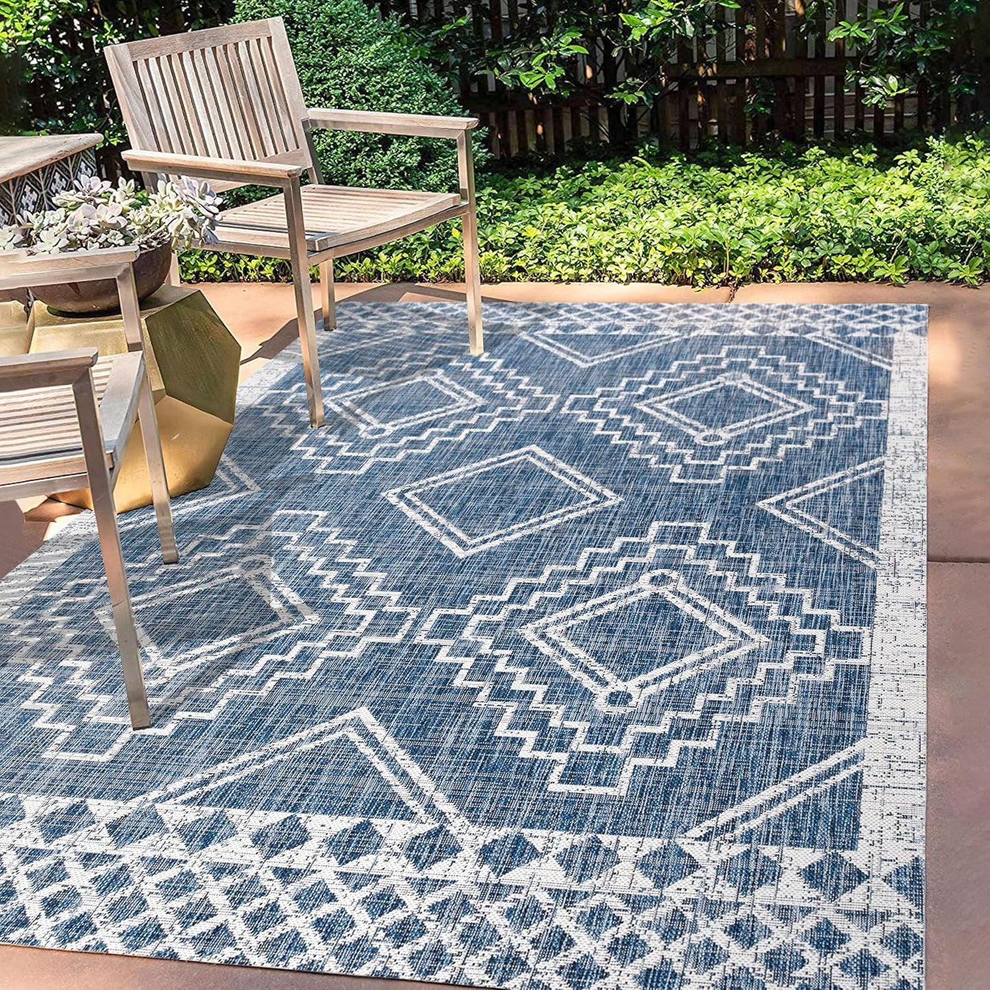 Tapete tribal diamante 5x8ft azul/marfil exterior