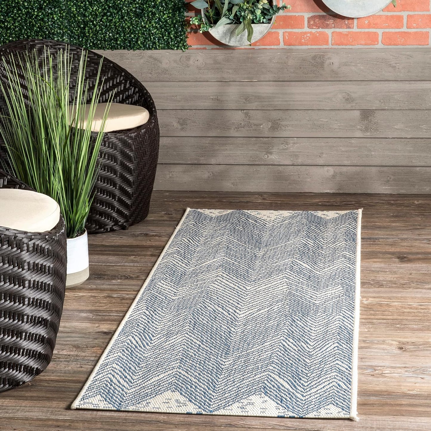 Tapete Chevron azul/marfil 2x10ft suave resistente manchas