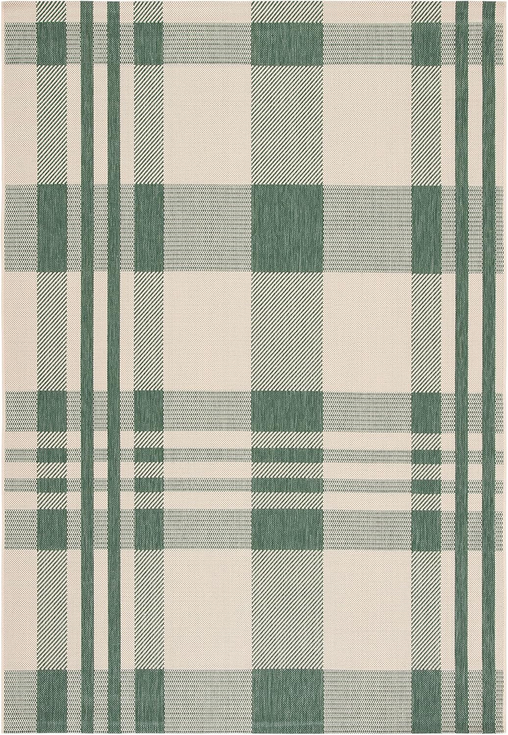 Alfombra exterior lavable 4x5'7 patrón cuadros verde beige