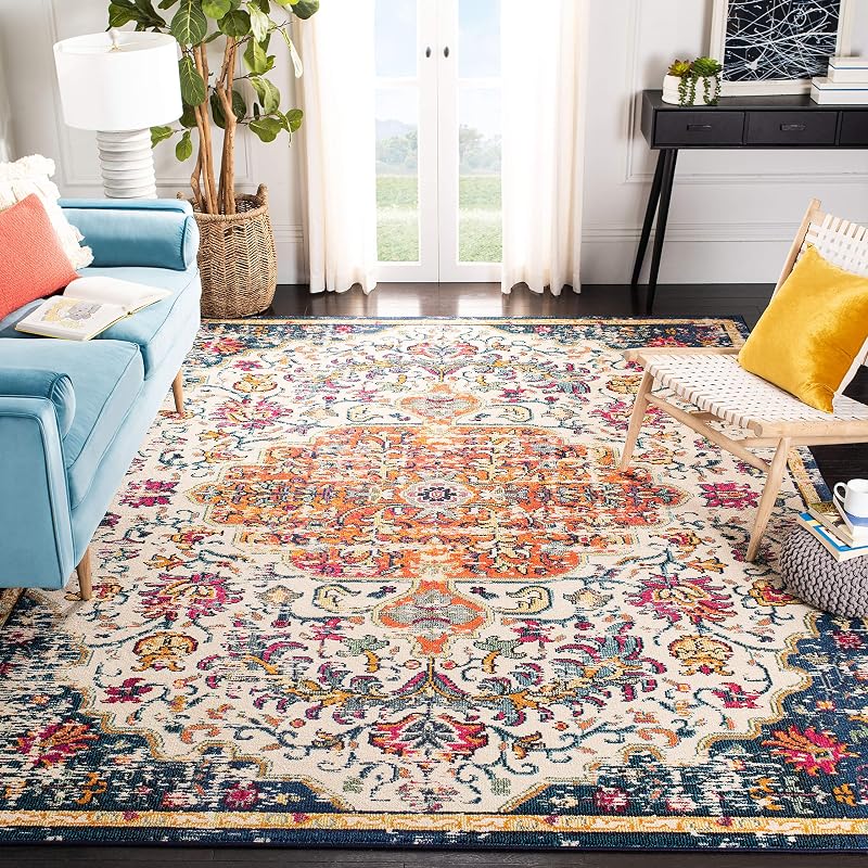Alfombra área 9x12ft diseño bohemio marfil naranja