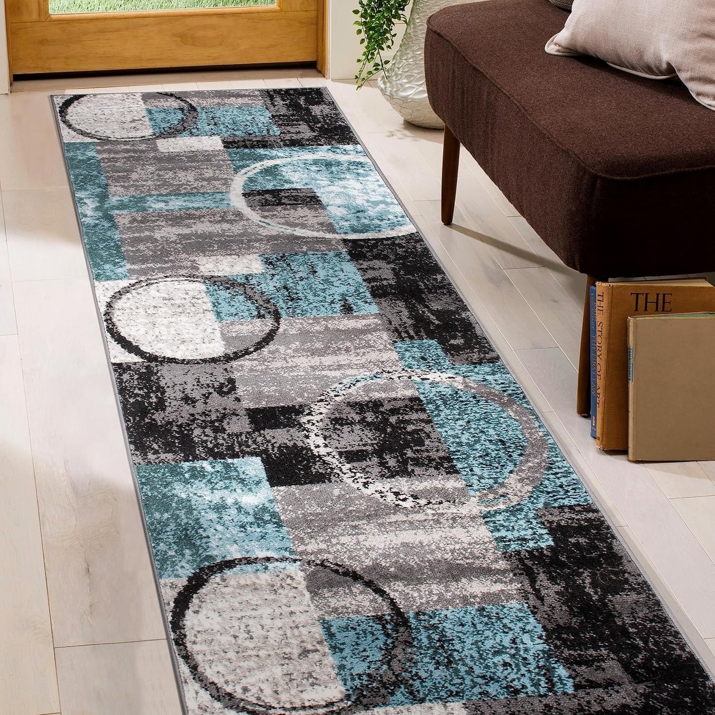 Alfombra pasillo diseño abstracto círculos 2x7.2ft gris