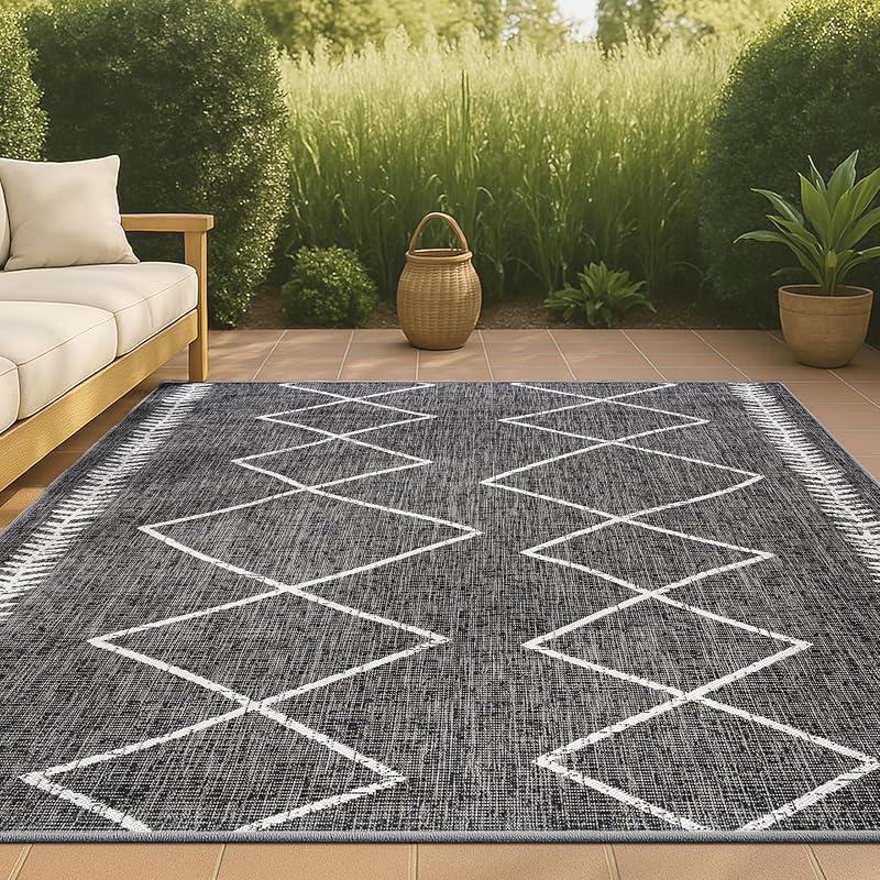 Alfombra tribal 8x10ft negro/marfil para patio y porche