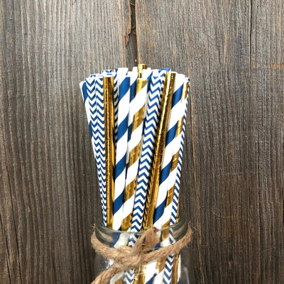 Pajitas aluminio azul marino y dorado rayas 100uds