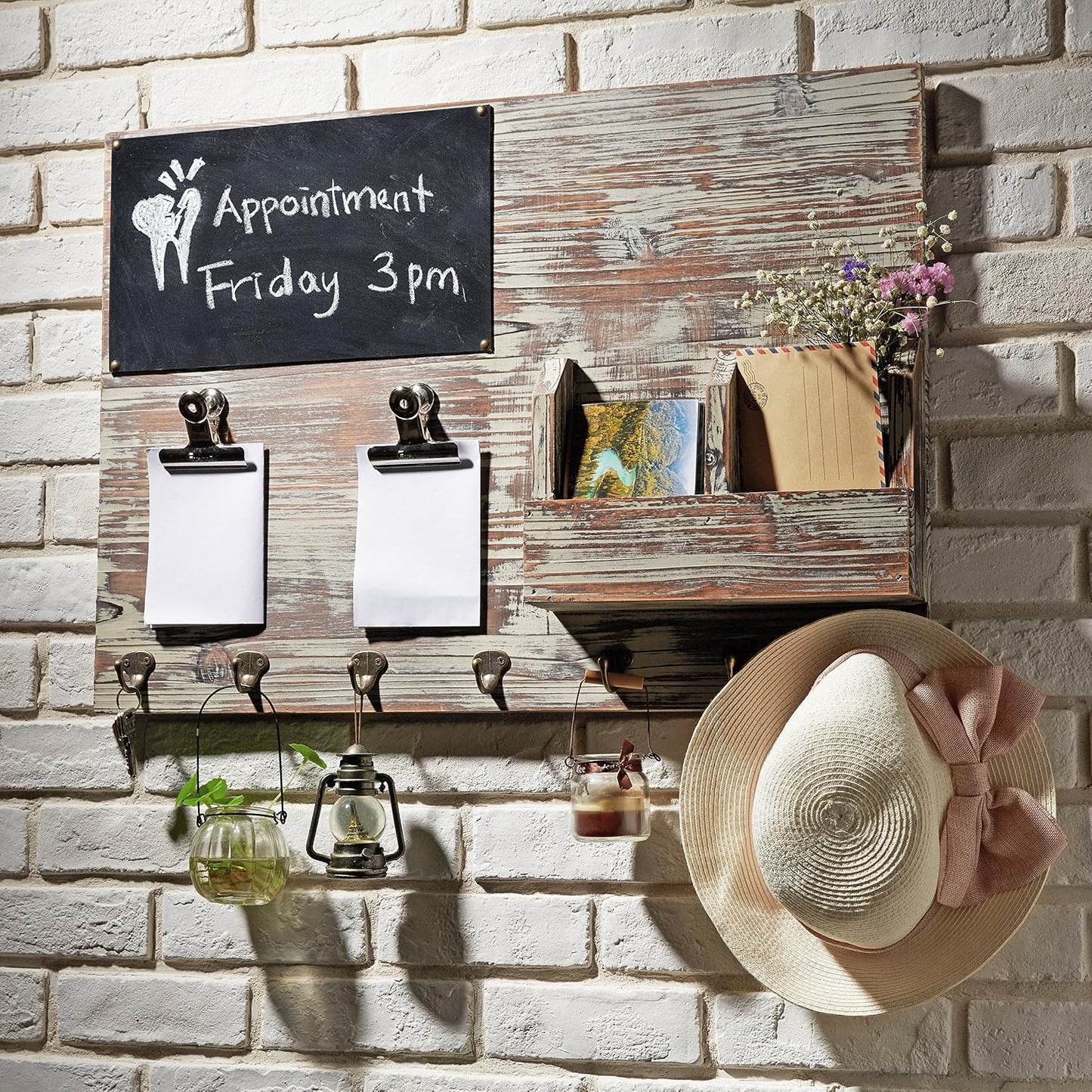 Organiz. pared madera antorchada con gancho llaves y clips
