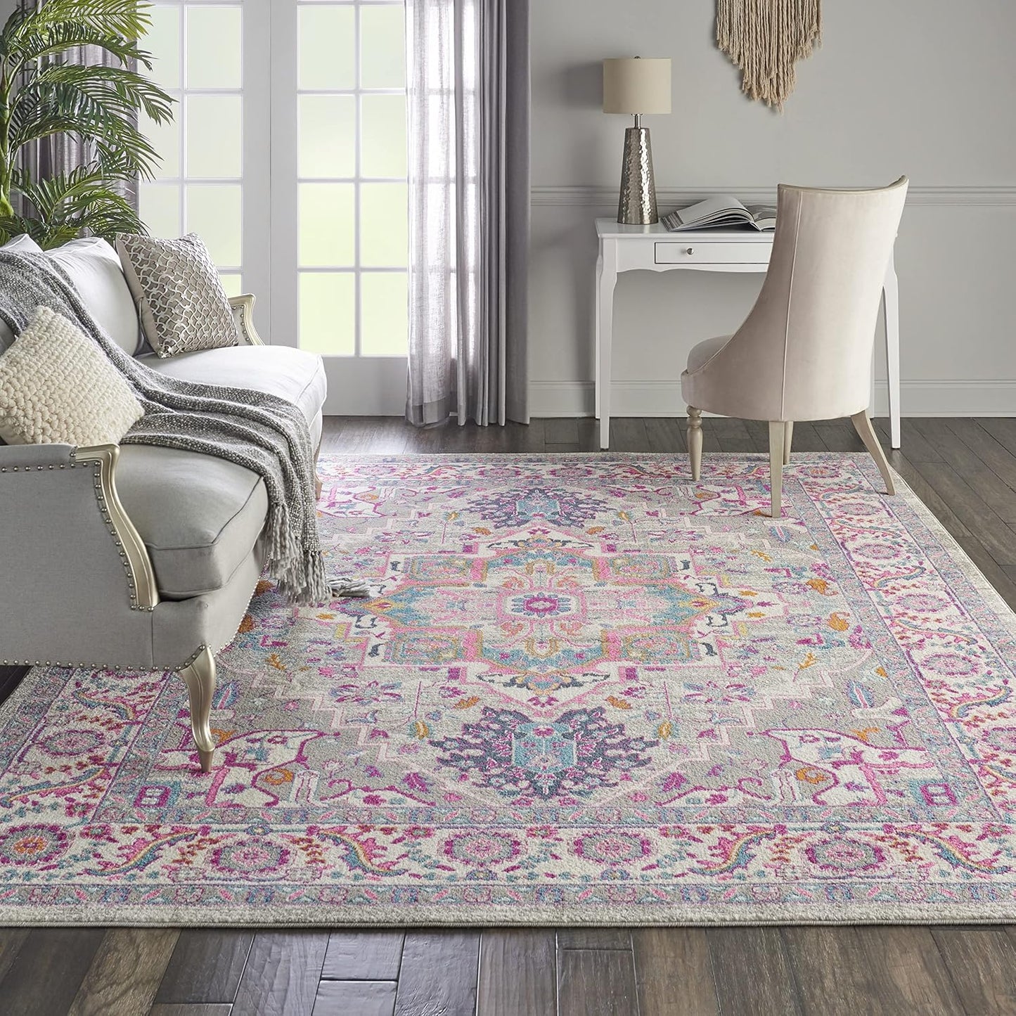 Alfombra gris claro/rosa 8x10ft para dormitorio y sala