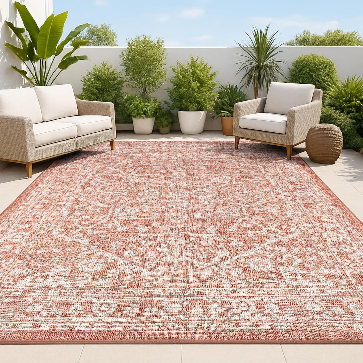 Alfombra Boho Medallion 3x5ft Rojo/Taupe Texturizado Patio