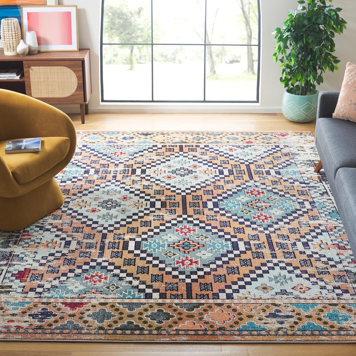 Alfombra área 9x12ft diseño bohemio diamantes naranja beige
