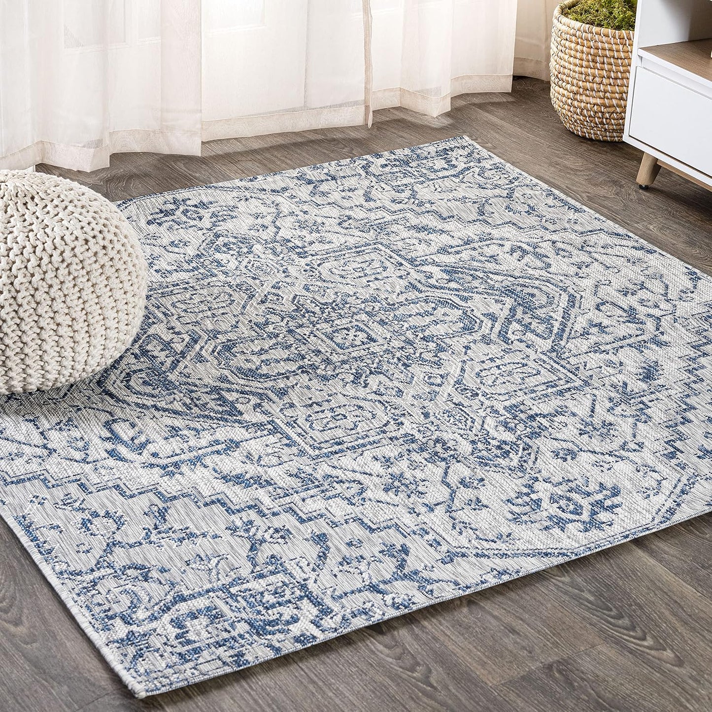 Alfombra cuadrada Boho 5x5ft azul marino/gris texturizado