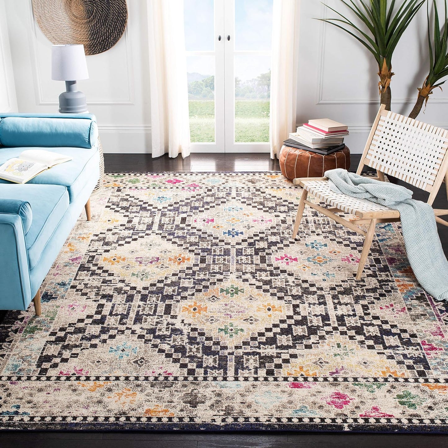 Alfombra decorativa 3x5ft diseño bohemio diamantes negro