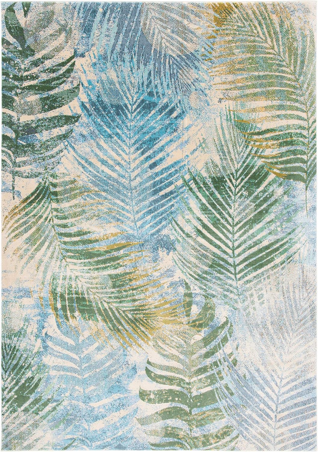 Alfombra sala 5.3x7ft color azul y verde bohemio