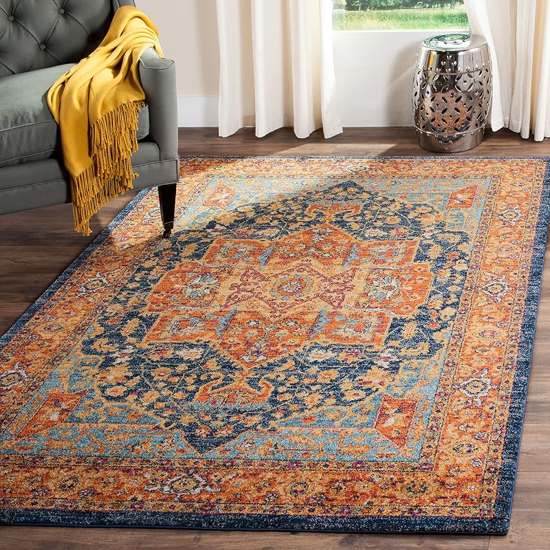 Alfombra Medallón Oriental azul/naranja 6'7x9' sala