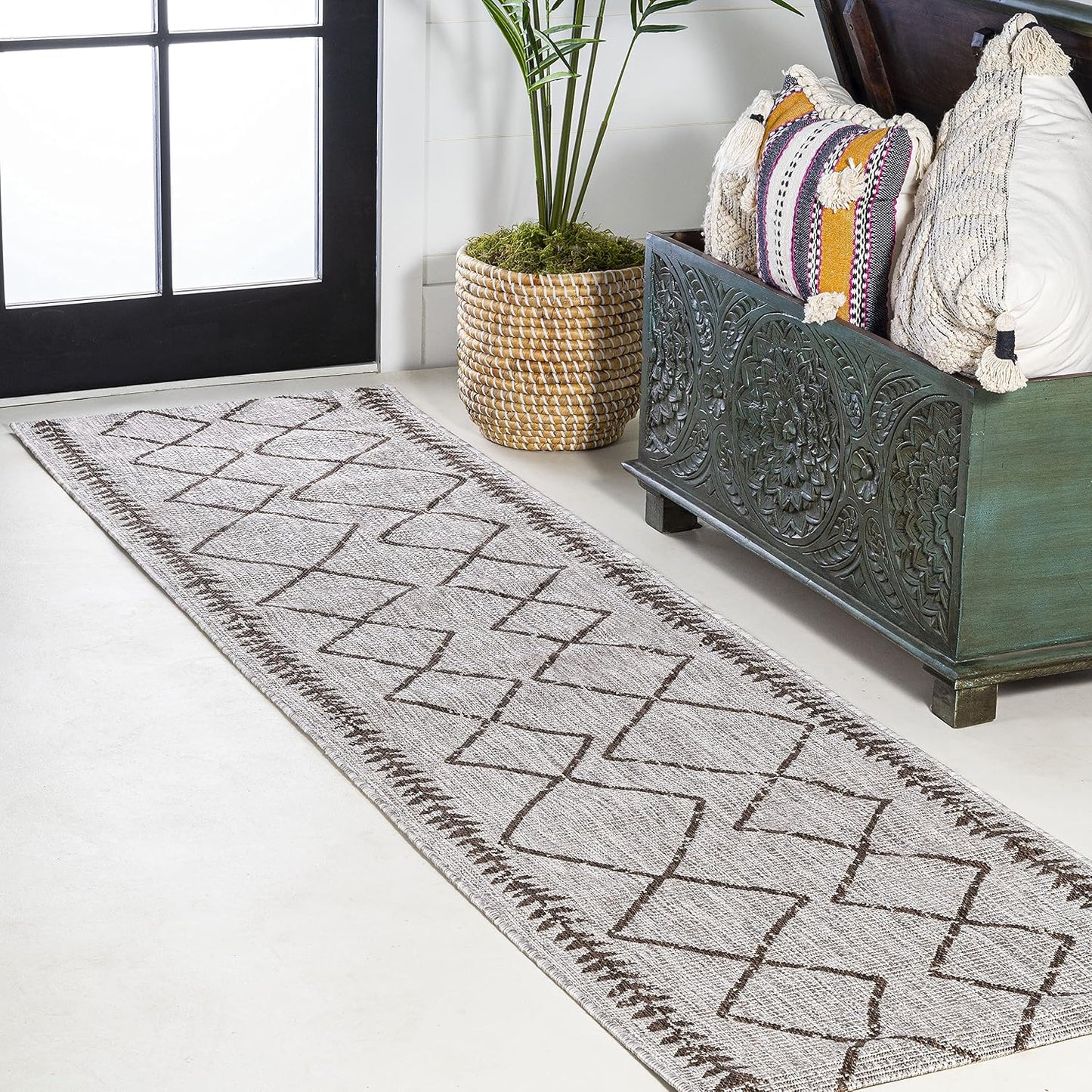 Alfombra tribal diamante 2x10ft beige/marrón patio