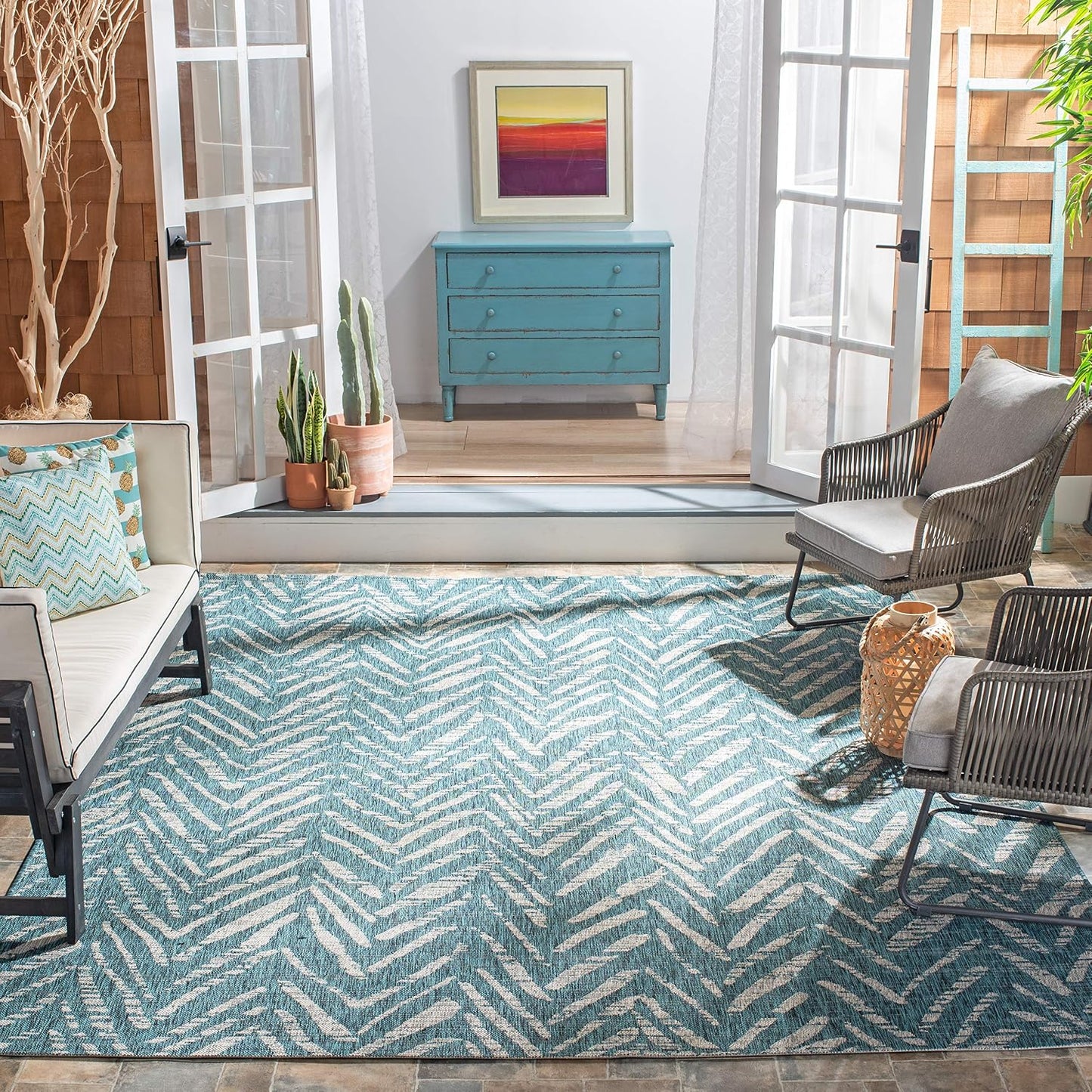 Alfombra decorativa impermeable 9x12ft color azul/gris