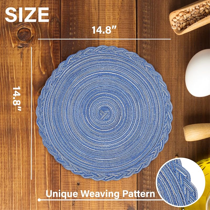 Set 8 manteles redondos trenzados azul para comedor