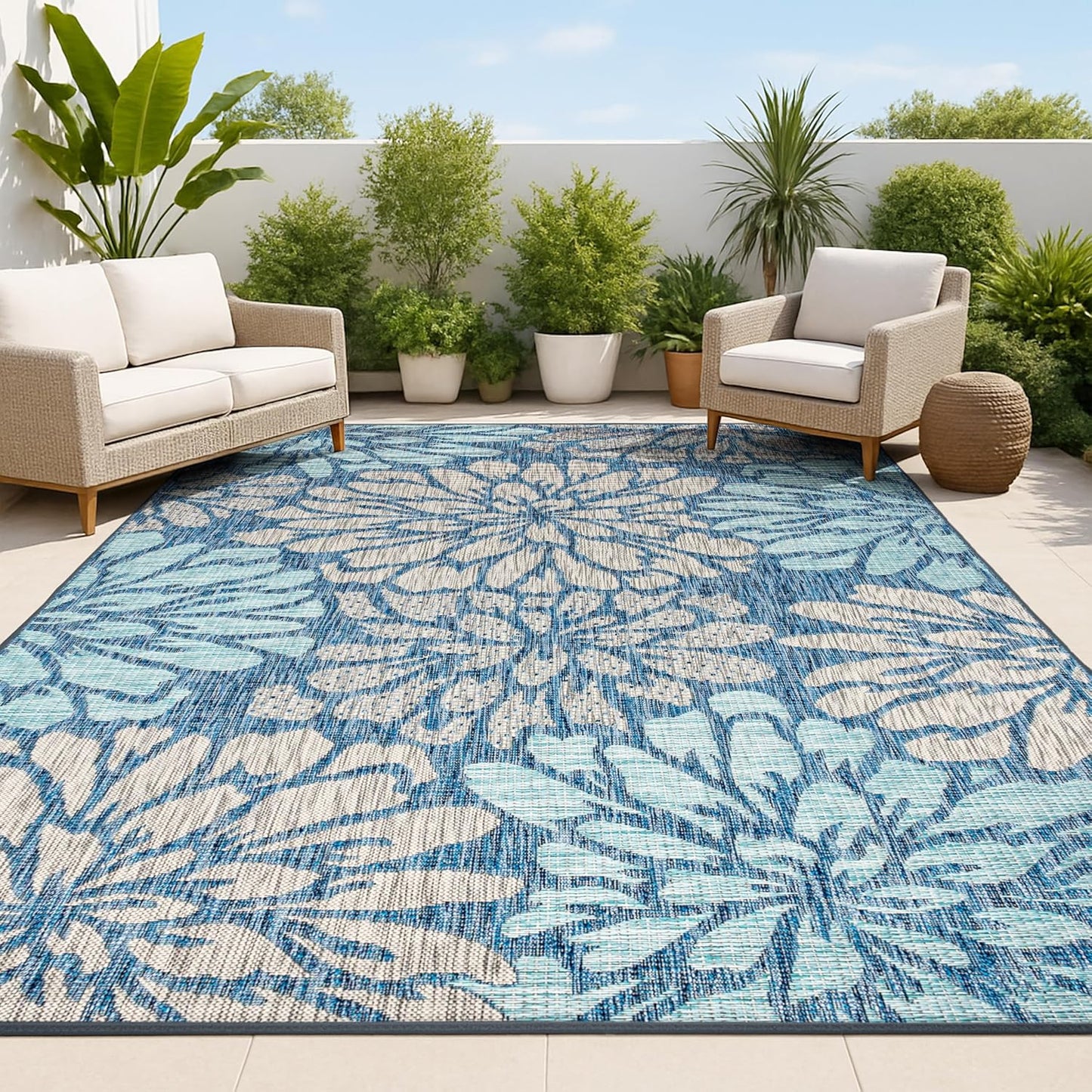 Alfombra textura floral 8x10 azul marino patio