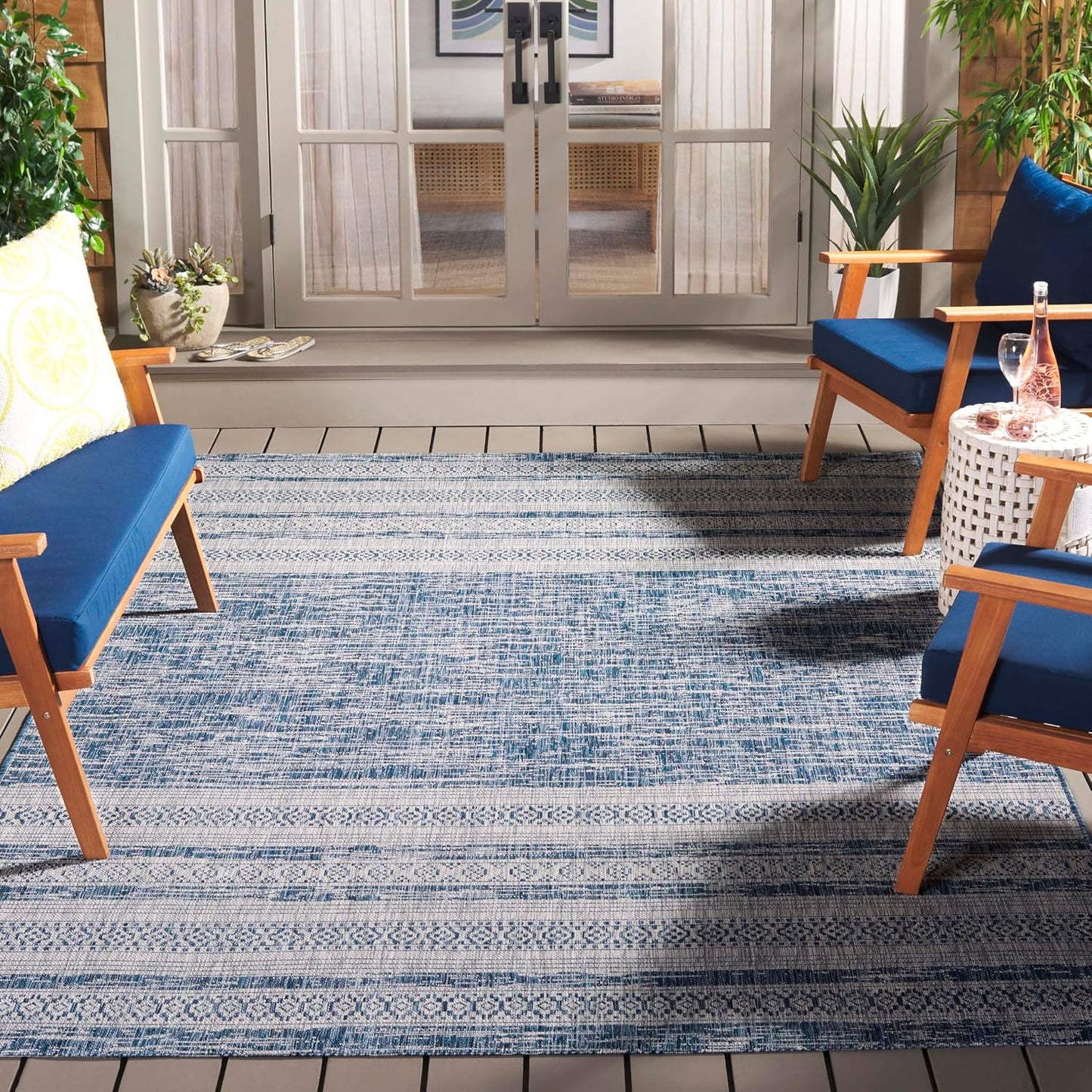 Alfombra lavable exterior 5'3x7'7 azul marino y gris