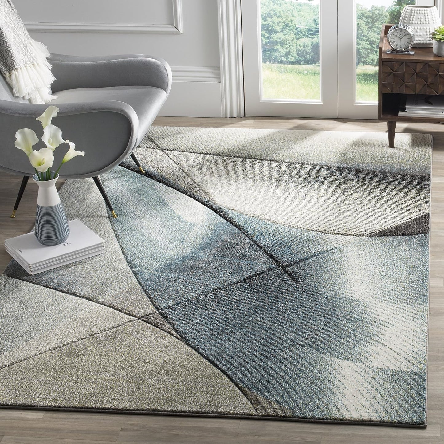 Alfombra área 6'7"x9' gris y verde moderna no pelusa