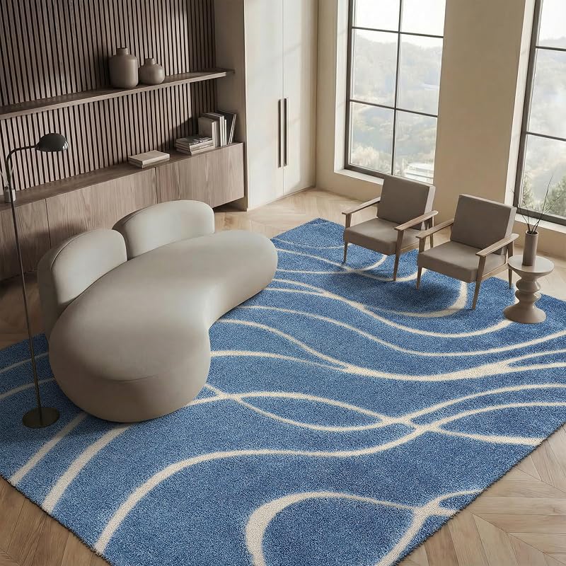 Alfombra Shag 5'3x7'6 azul claro/crema sala dormitorio