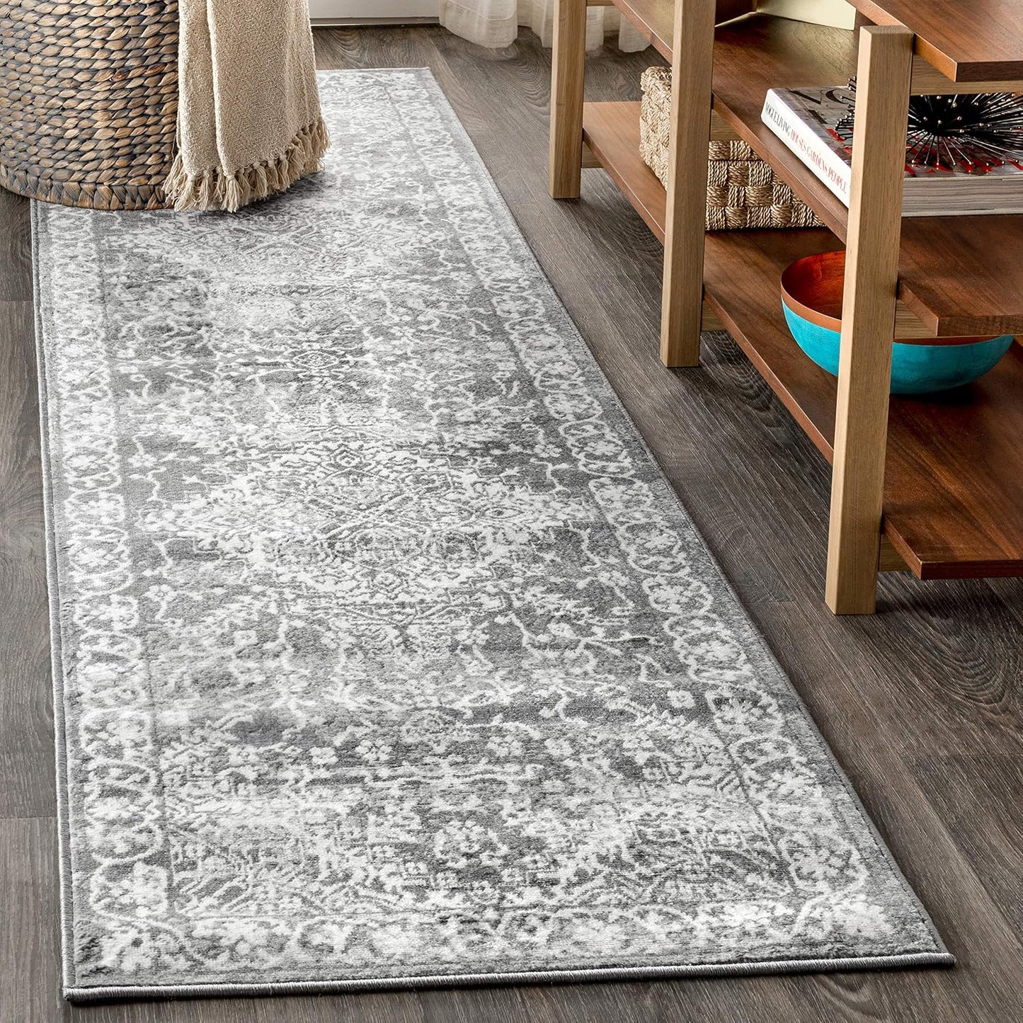 Alfombra vintage patrón medallón gris 2x8"