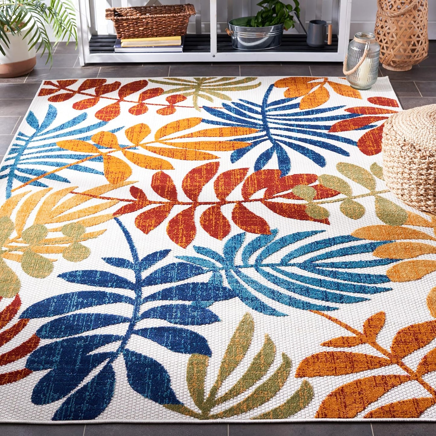Alfombra exterior lavable 5.3x7.6ft color crema y rojo