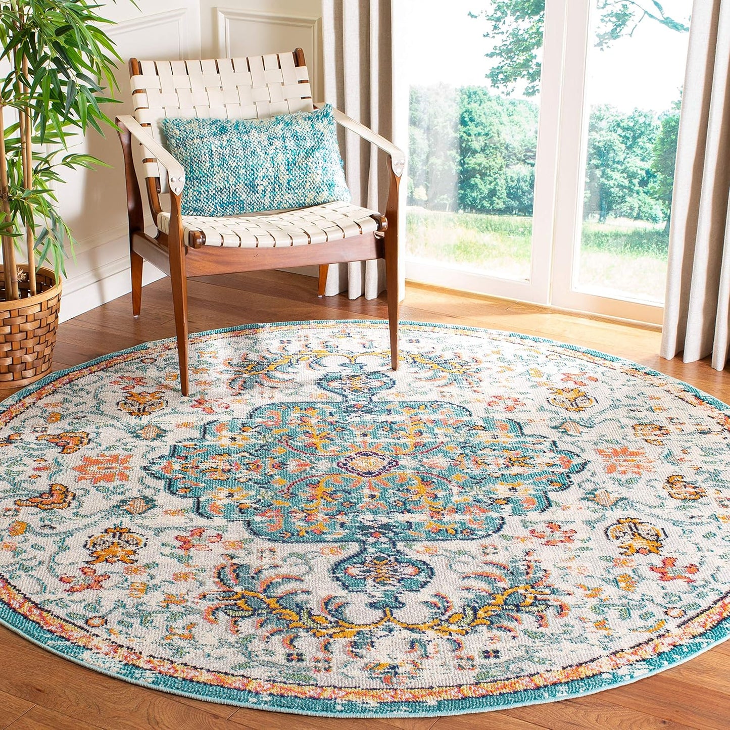Alfombra boho redonda 3ft gris y azul claro