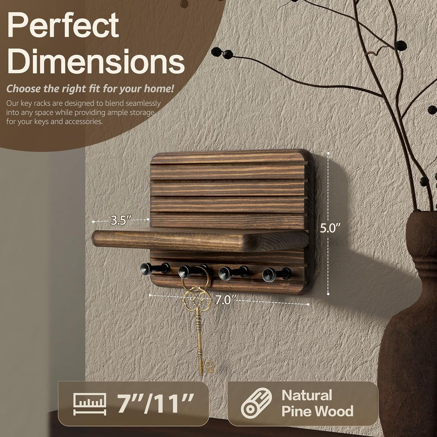 Portallaves estilo granja madera 7" pared 4 ganchos estante