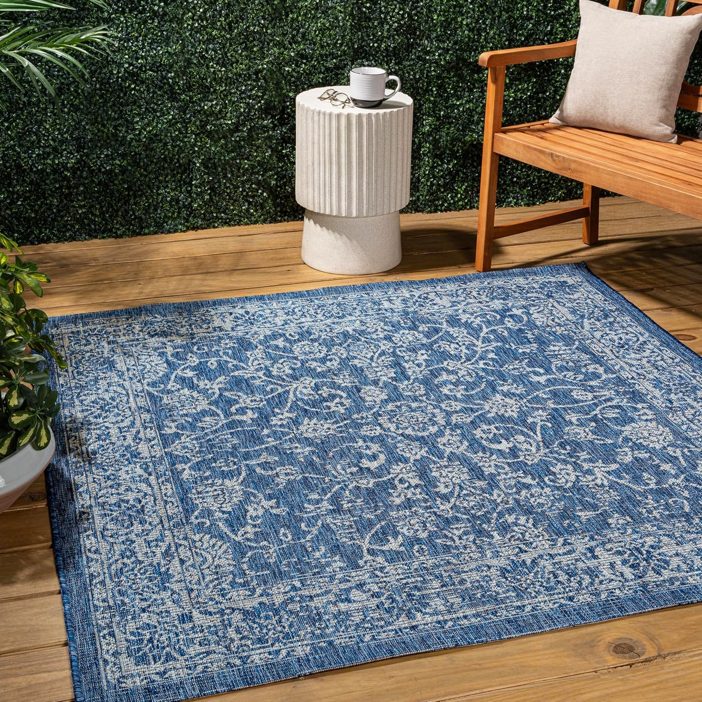Alfombra Tela Floral 3x3 Azul Marino/Gris Tejido Bohemio