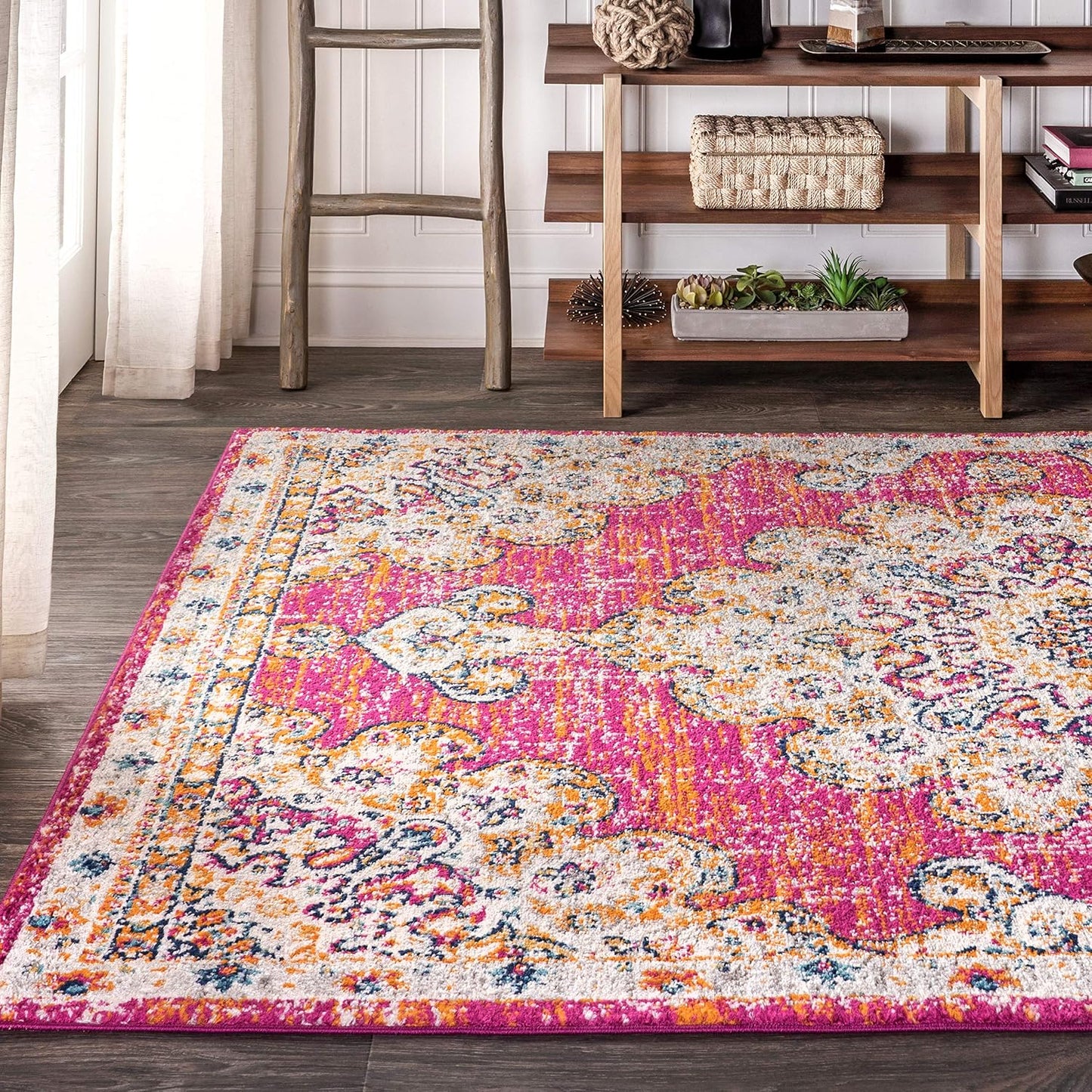 Alfombra bohemia rosa crema 3x5 medallón sala dormitorio