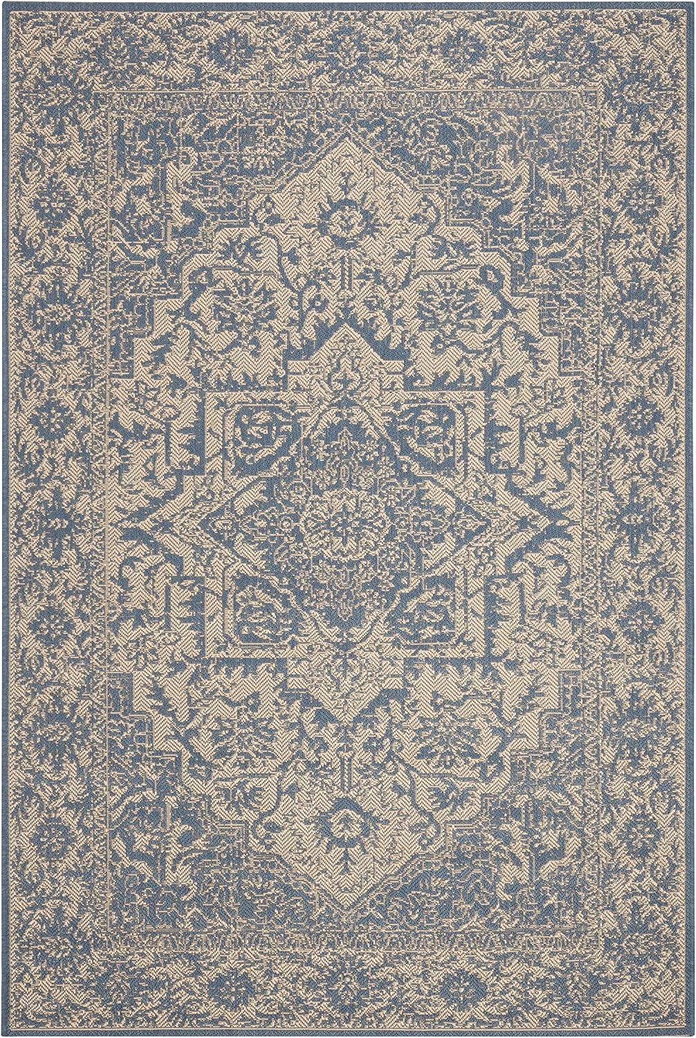 Alfombra exterior lavable 5.3x7.6ft color crema y azul