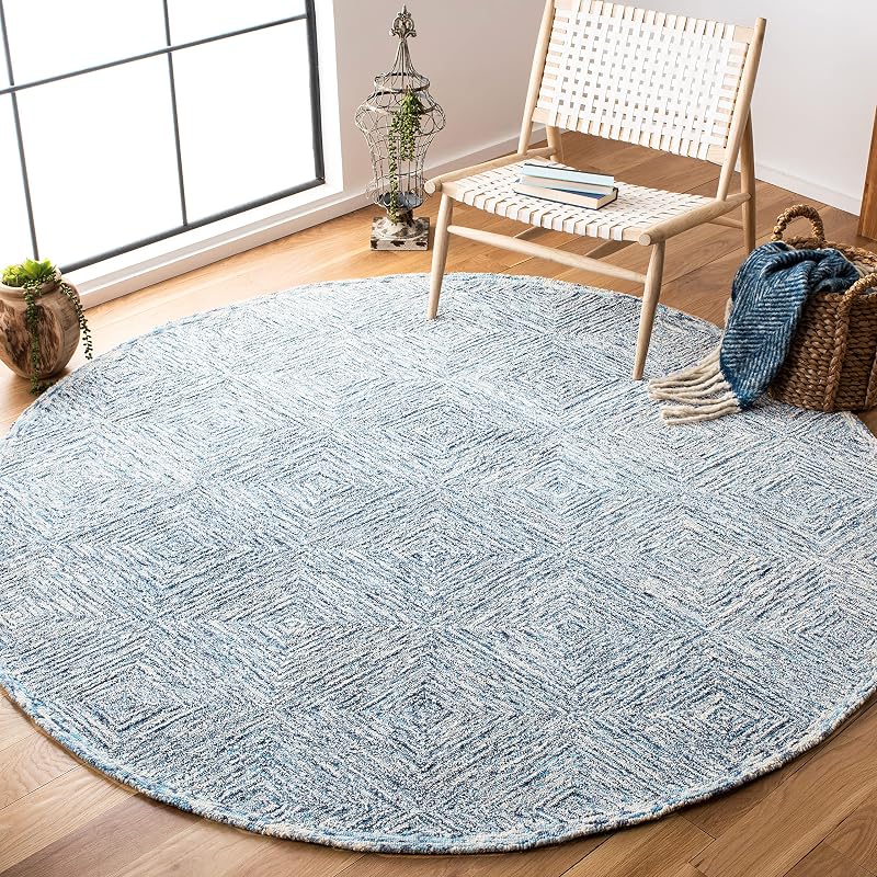 Alfombra redonda lana hecha a mano 7ft color marfil/azul