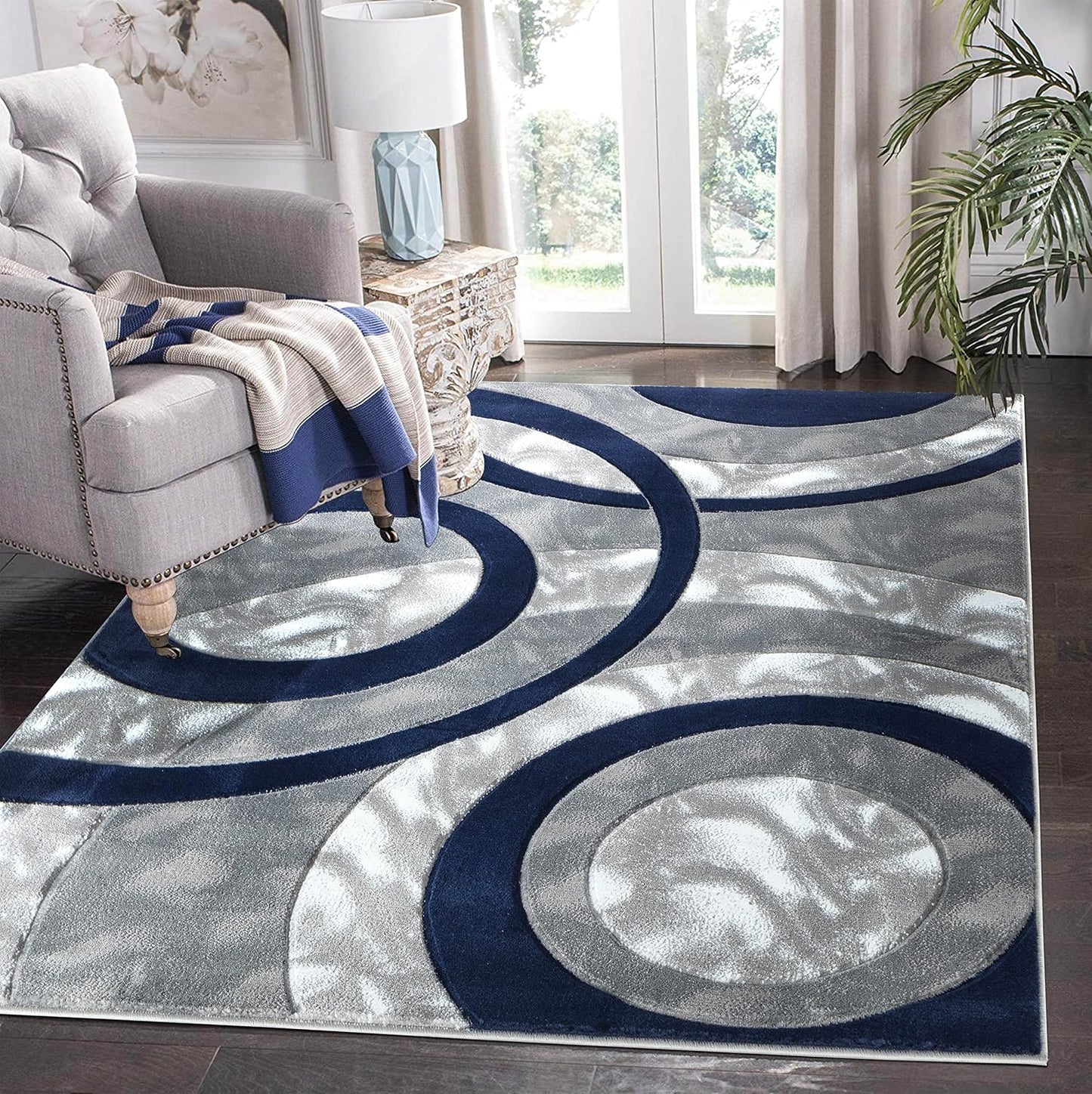 Alfombra área moderna 5x7ft círculos azul marino