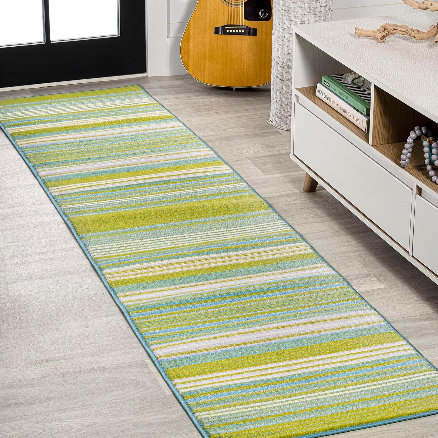 Alfombra pasillo a rayas verde/azul 2x8" estilo campo
