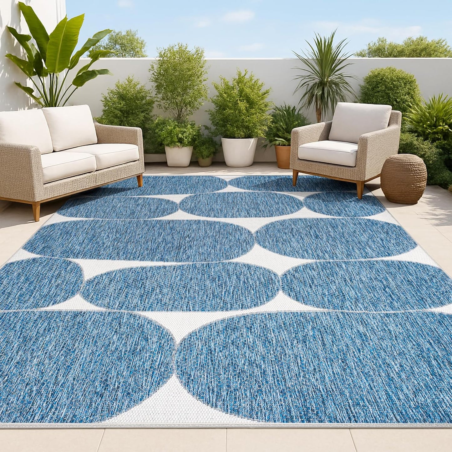 Alfombra geométrica 8x10ft azul marino/crema resistente