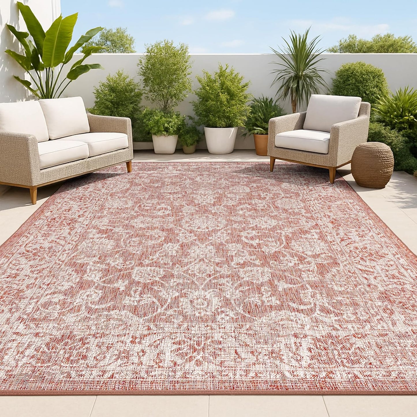 Alfombra bohemia texturizada 5x8ft color rojo/gris pardo