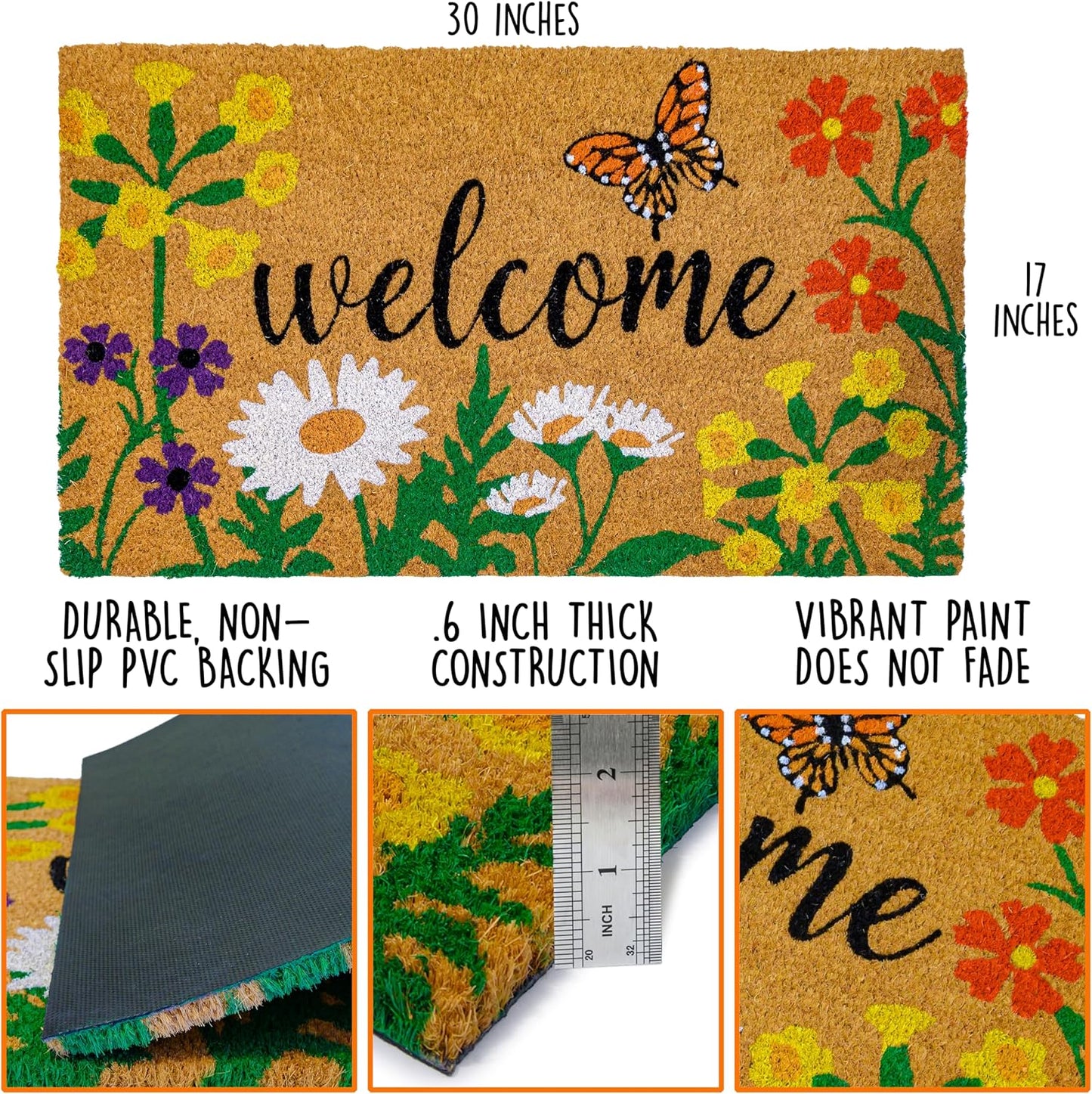 Tapete floral fibra coco 30x17pulg entrada exterior