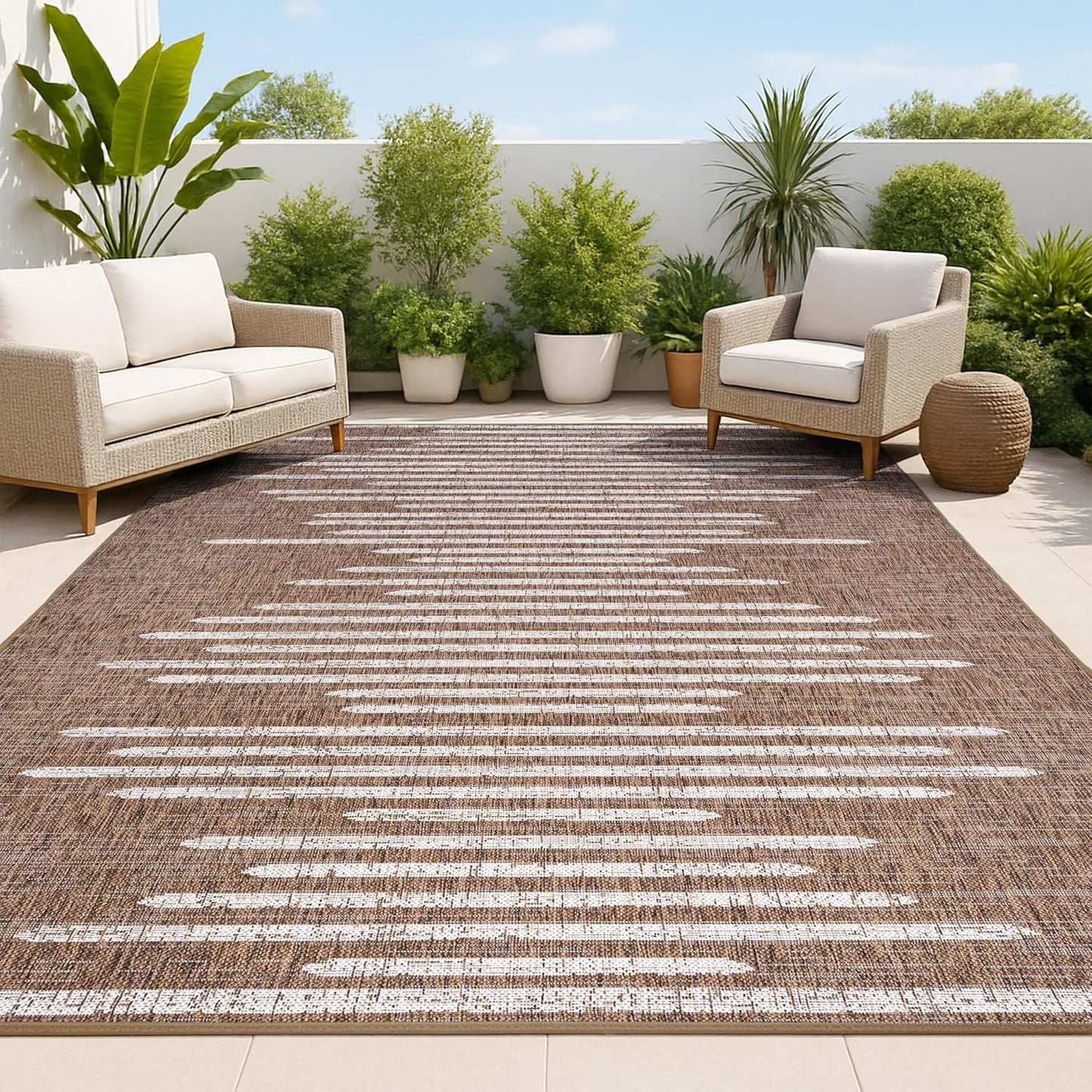 Alfombra geométrica rayas 5x8ft marrón patio