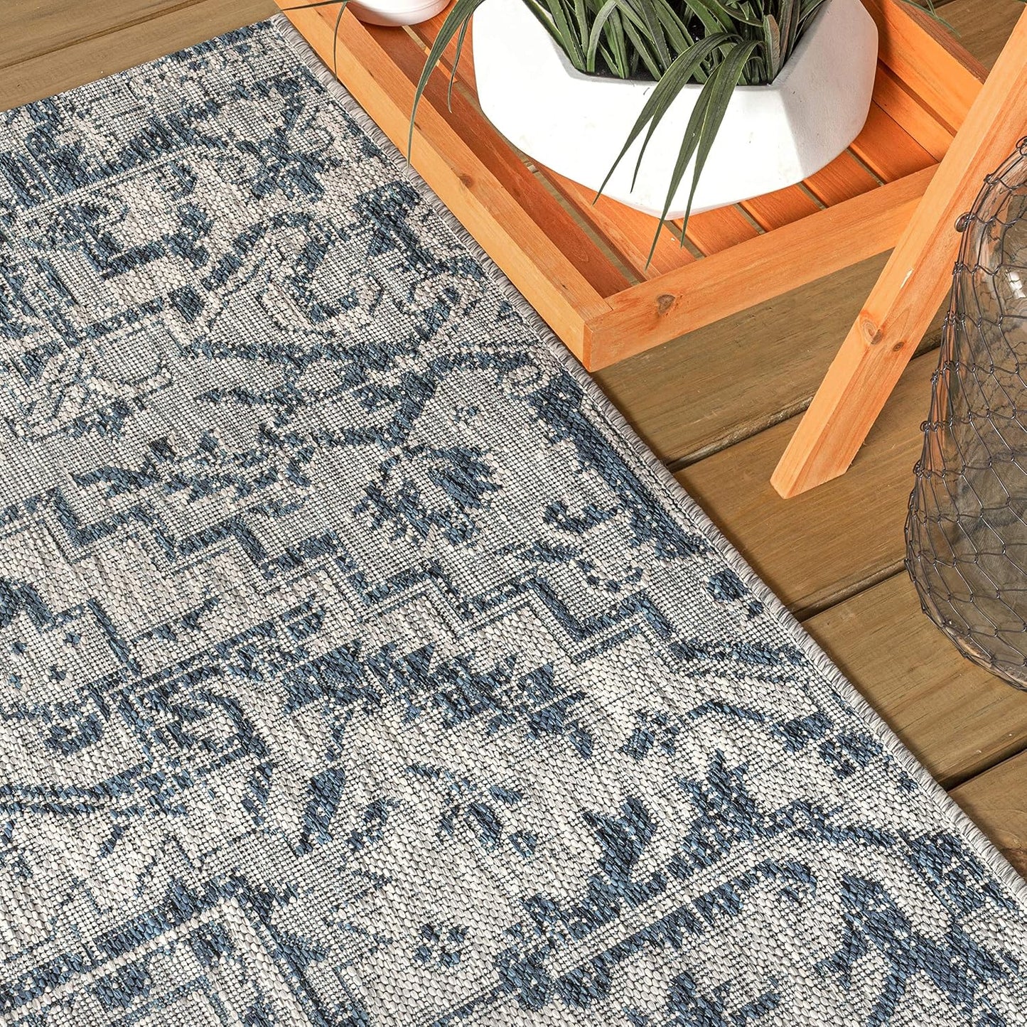 Alfombra cuadrada Boho 5x5ft azul marino/gris texturizado