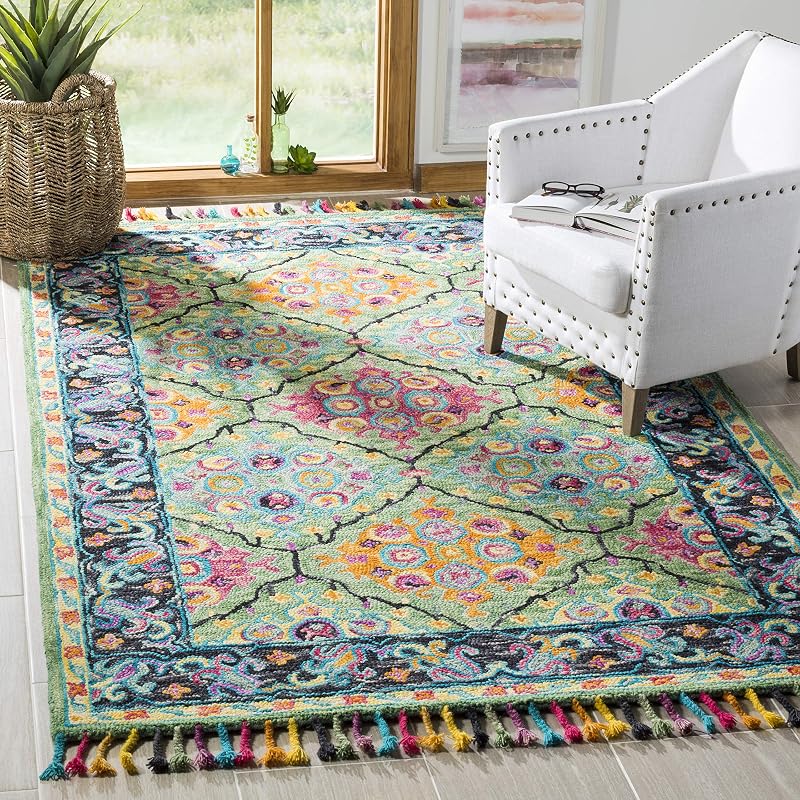 Alfombra cuadrada 7ft lana trenzada con borlas verde y negro