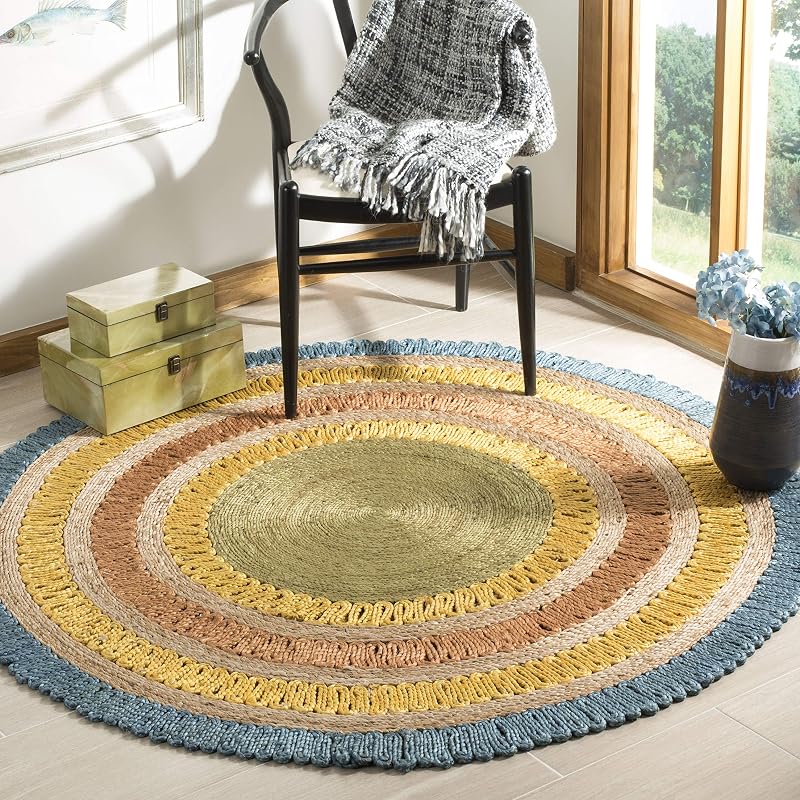 Alfombra redonda yute 7ft azul multicolor bohemio sala
