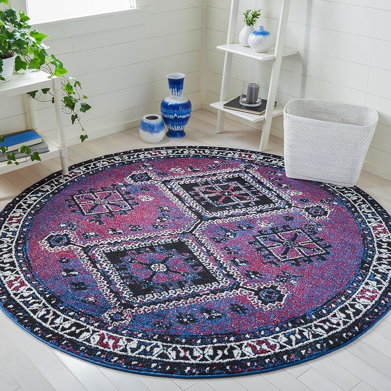 Alfombra redonda Hamadan 6'7" morado y negro diseño oriental
