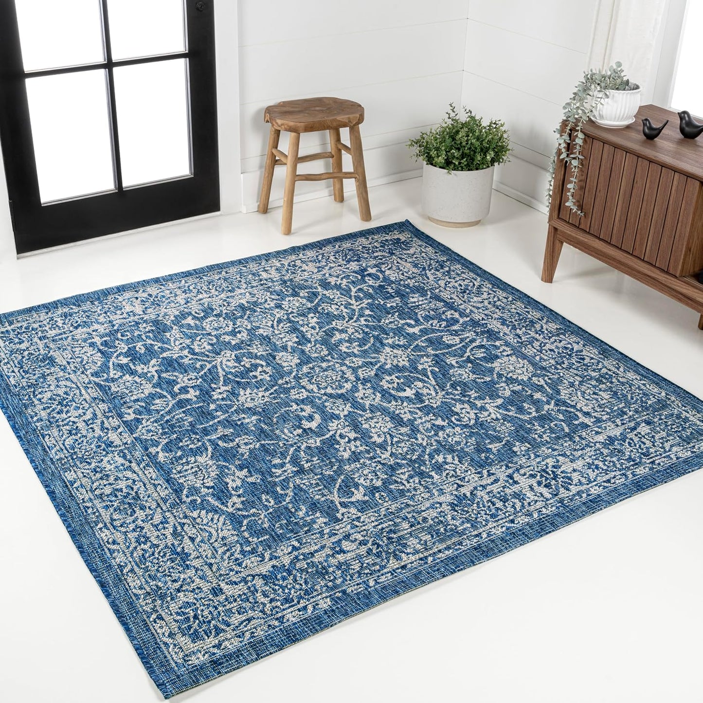 Alfombra Tela Floral 3x3 Azul Marino/Gris Tejido Bohemio