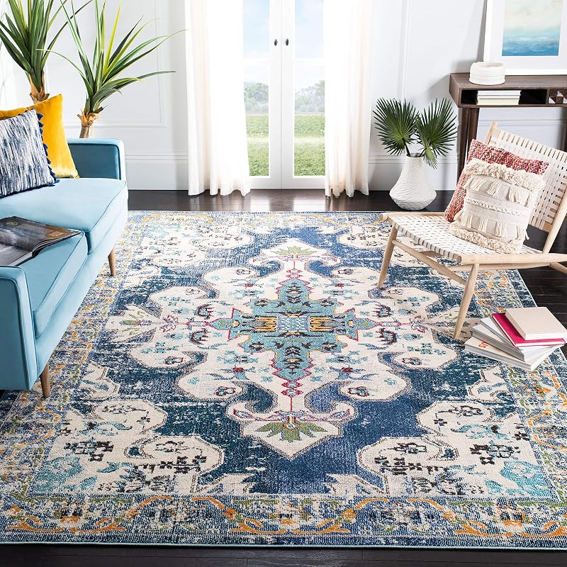 Alfombra área 10x14ft diseño bohemio azul marino y gris