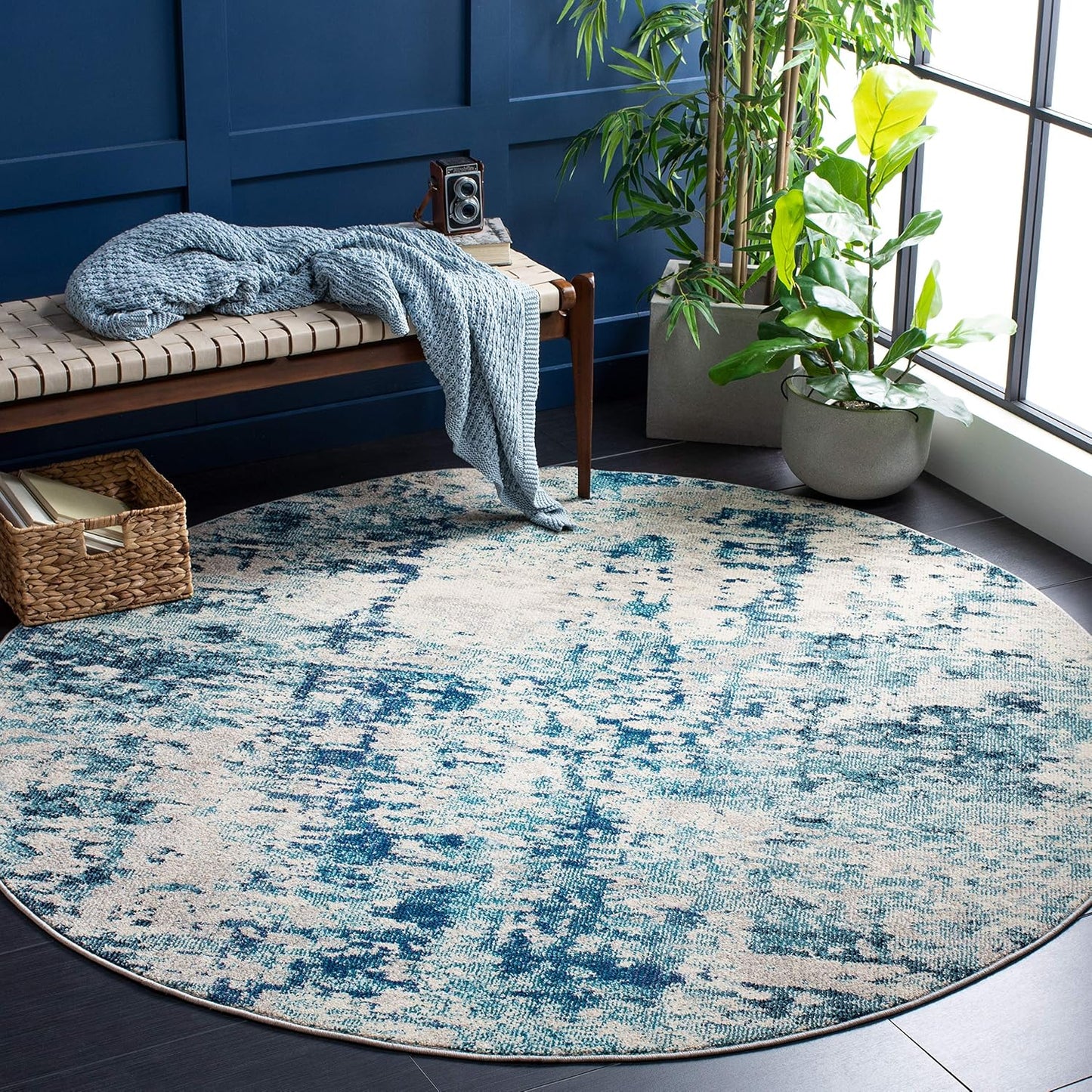 Alfombra decorativa redonda 3ft marfil y turquesa sala