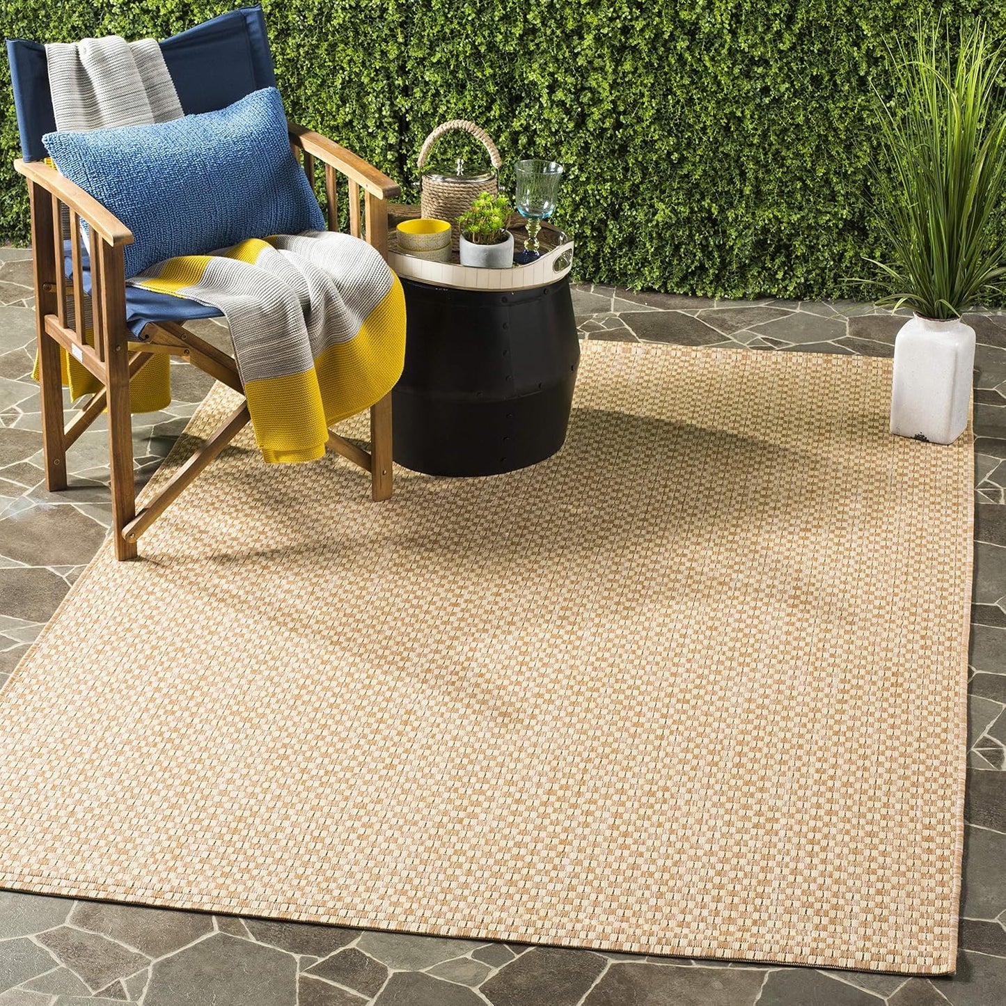 Alfombra exterior lavable 5.3x7.7ft natural y crema