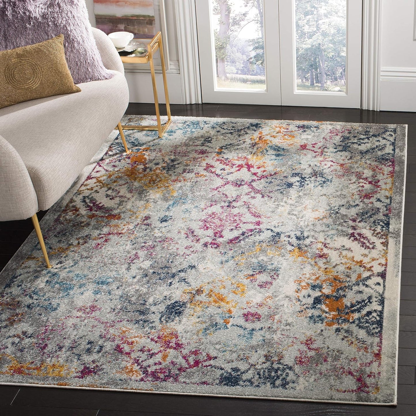 Alfombra decorativa 4x6ft gris claro y fucsia diseño bohemio