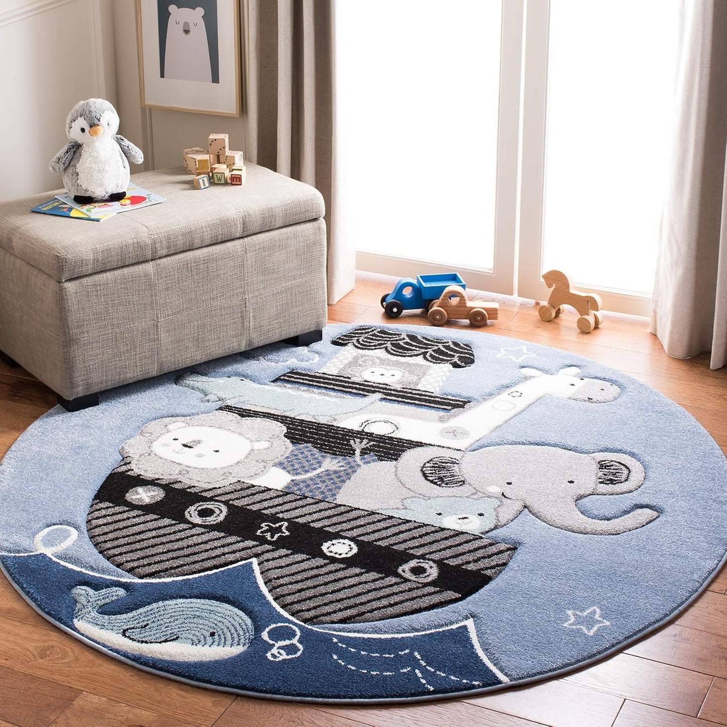 Alfombra redonda para niños 4ft color azul/gris