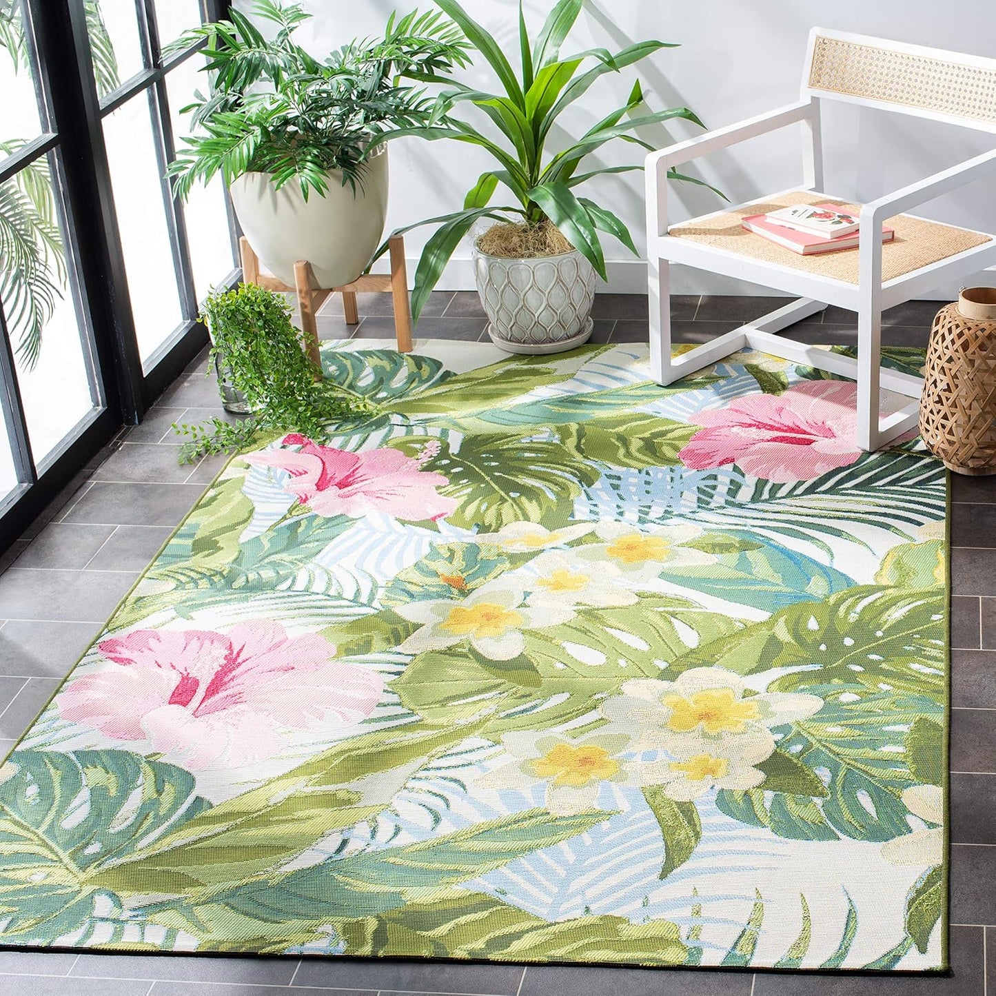Alfombra lavable exterior 8x10ft5pulg verde y rosa no pelusa
