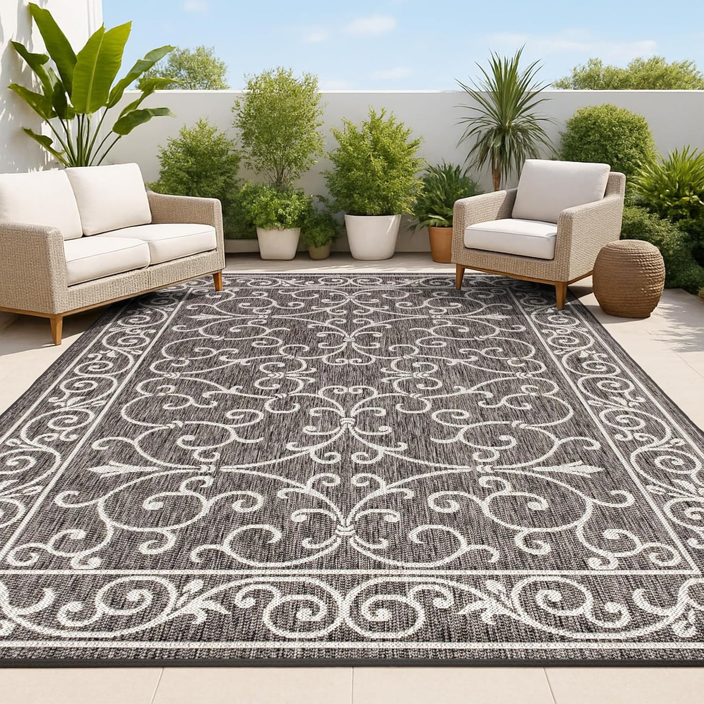 Alfombra vintage filigrana 3x5ft texturizado negro gris patio