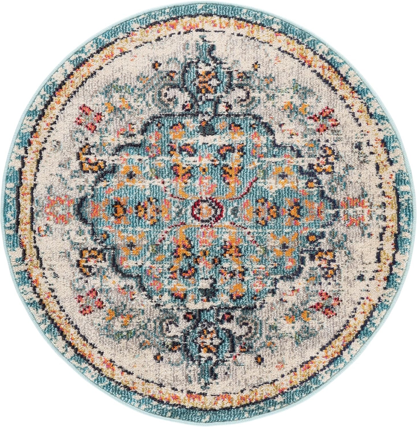 Alfombra boho redonda 3ft gris y azul claro
