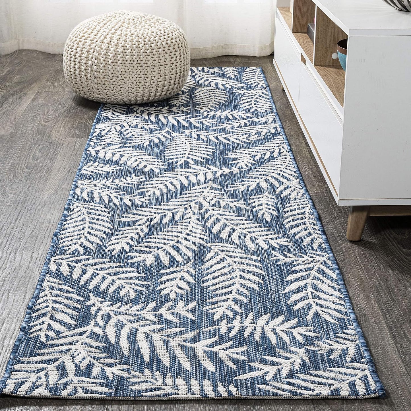 Alfombra Palm Frond 2x8 Azul Marino/Marfil para Patio
